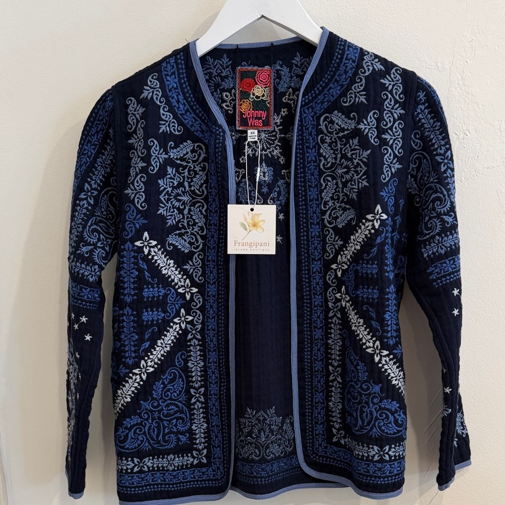 Johnny Was Navy and Light Blue Embroidered Open-Front Cardigan